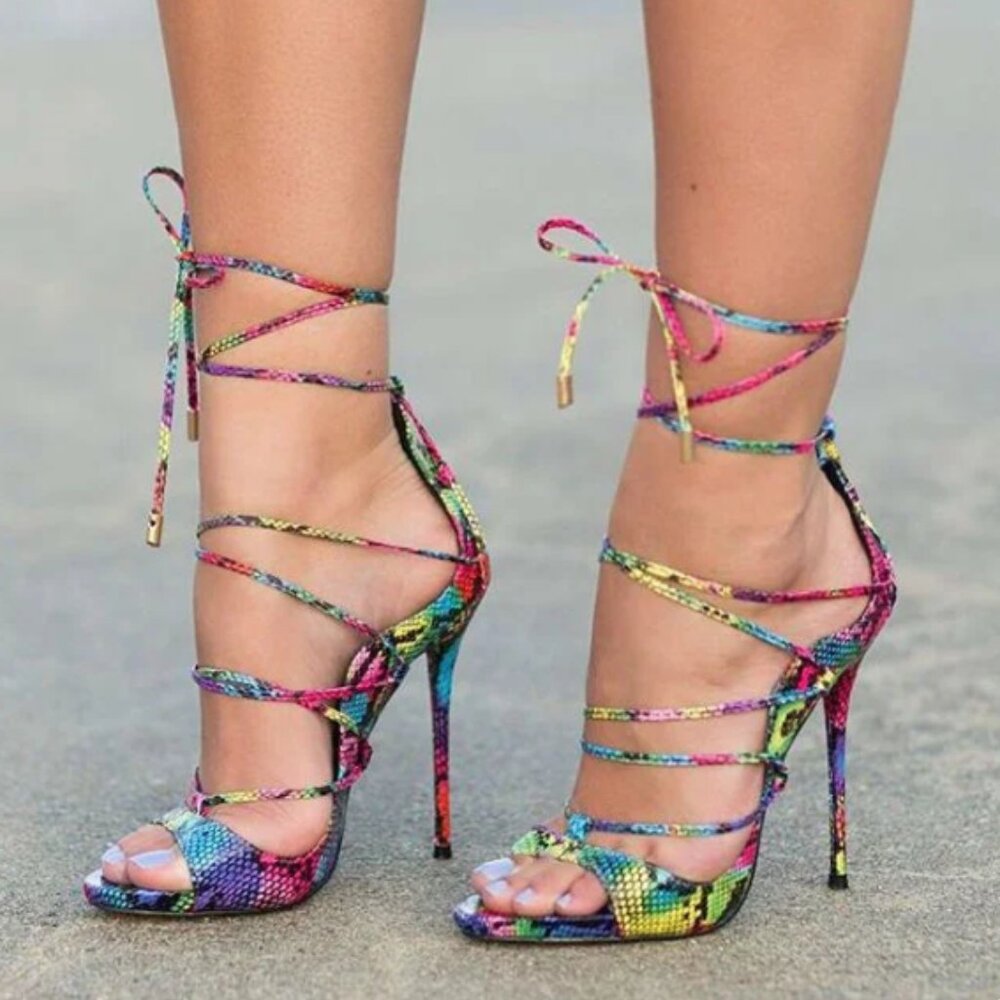 Fsj Multicolor Python Strappy Open-Toe Stiletto H… - image 1